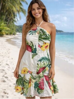 FARM Rio Cream Tropical Floral Halter Swim Coverup